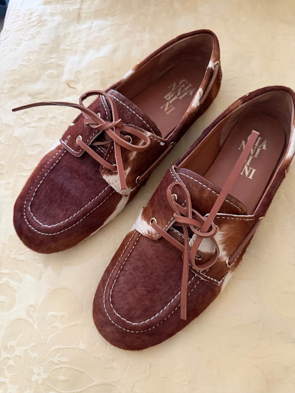 Gianni Bini Brown & White Haircalf Leather Boat Shoes